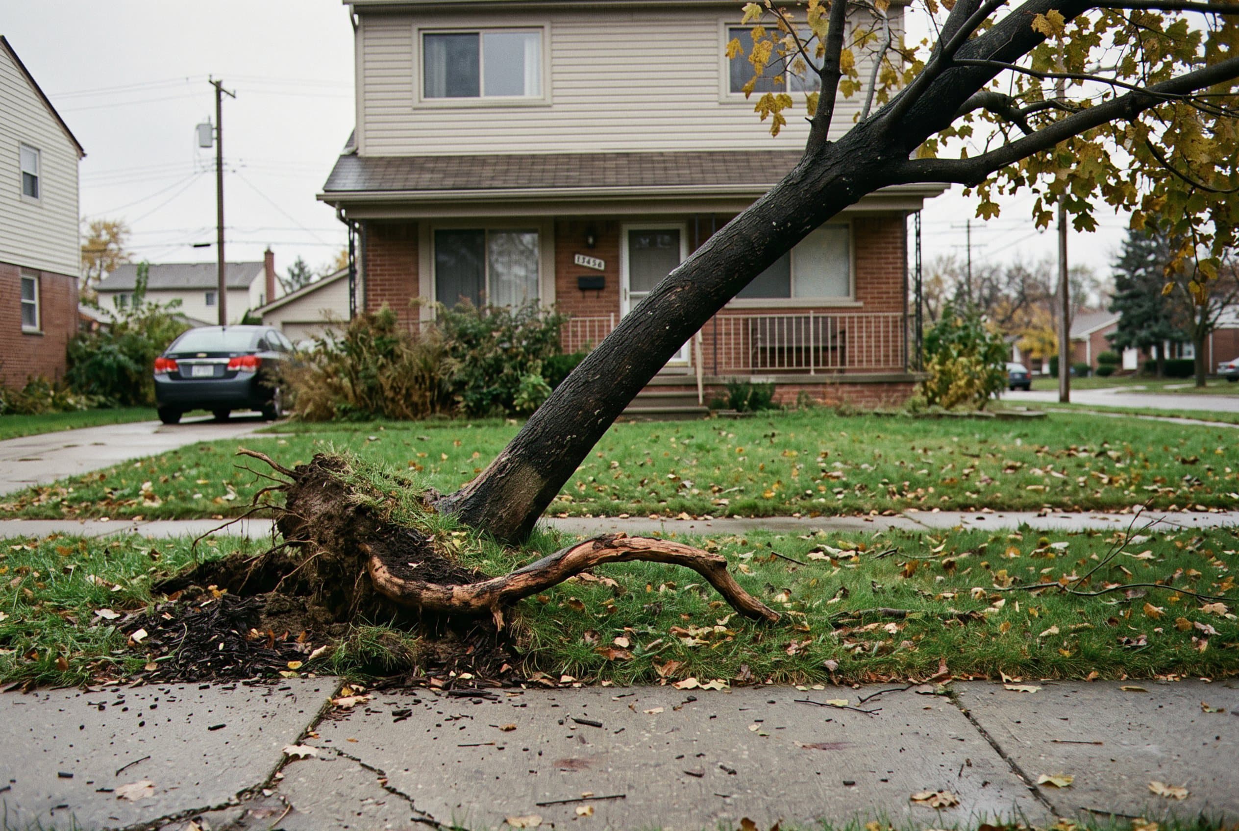 Tree leans toward one side at unnatural angle