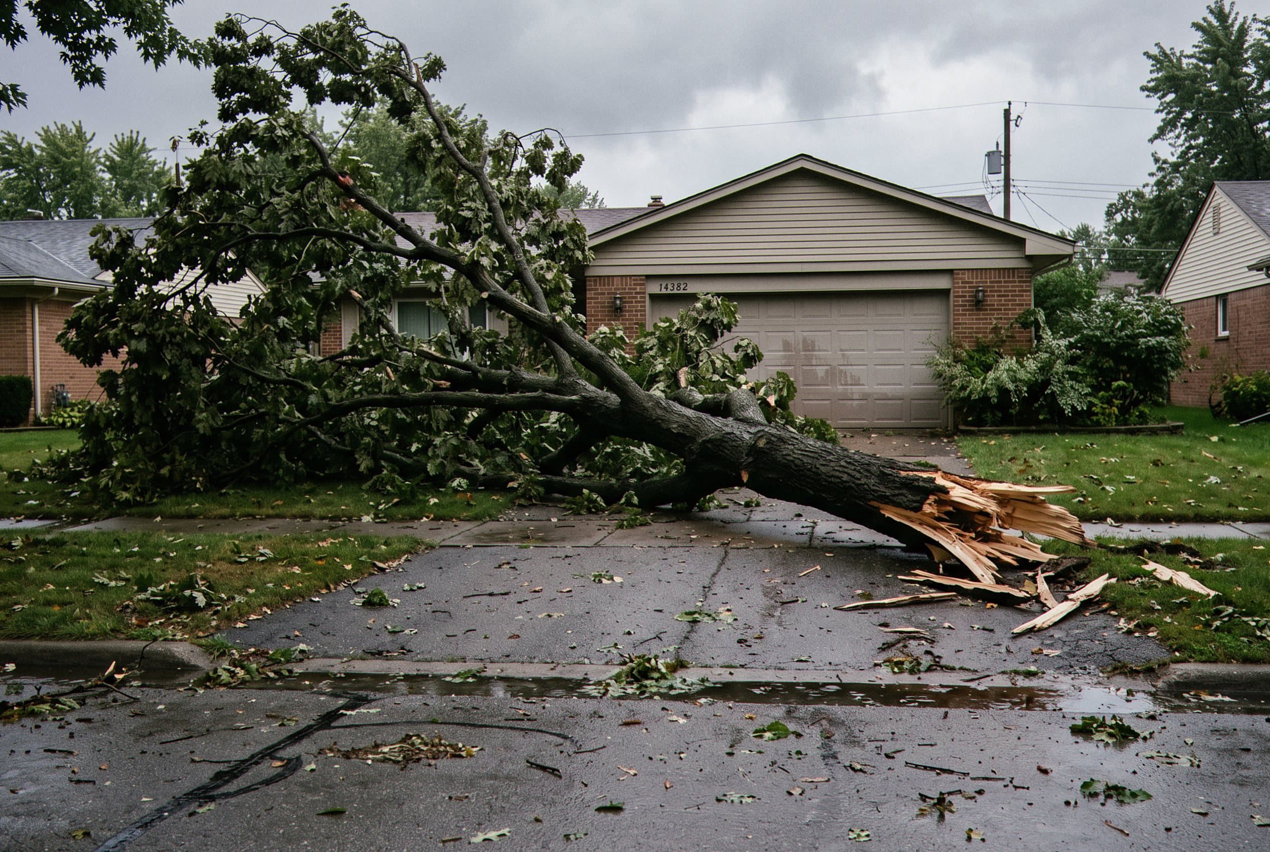 Heavy limb hangs precariously over house roof