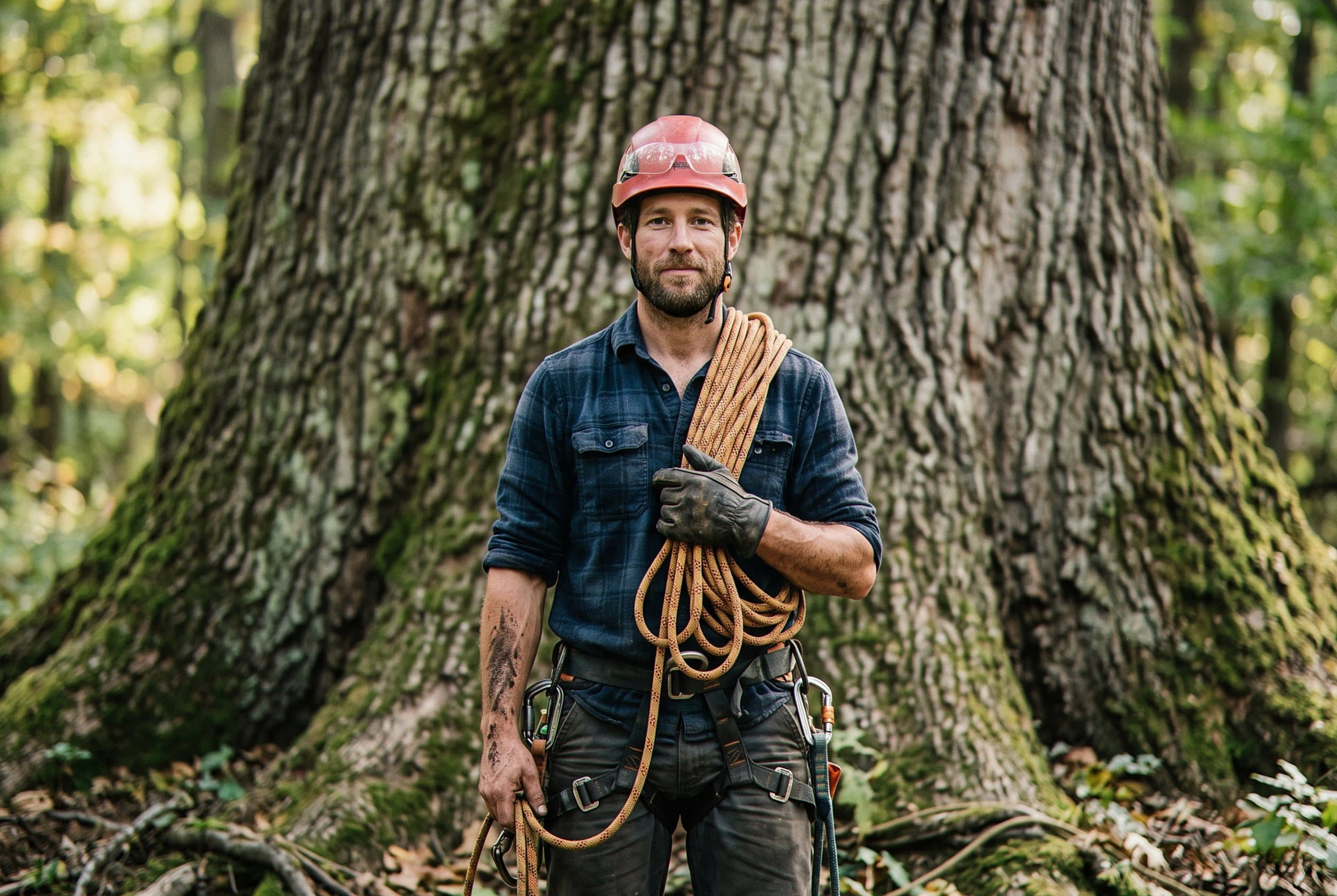 Professional arborist with climbing gear portrait