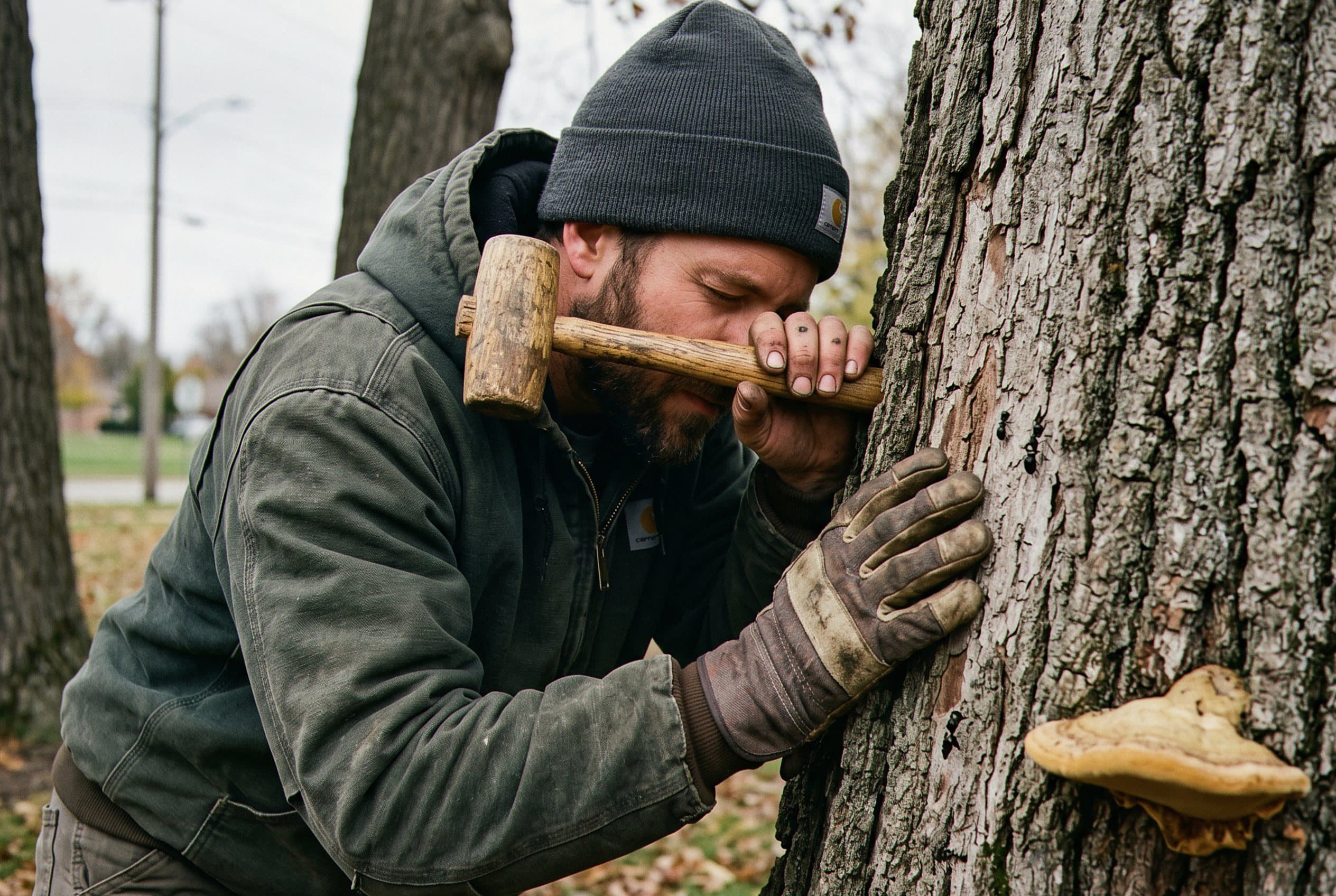 Arborist safely climbs massive residential shade tree