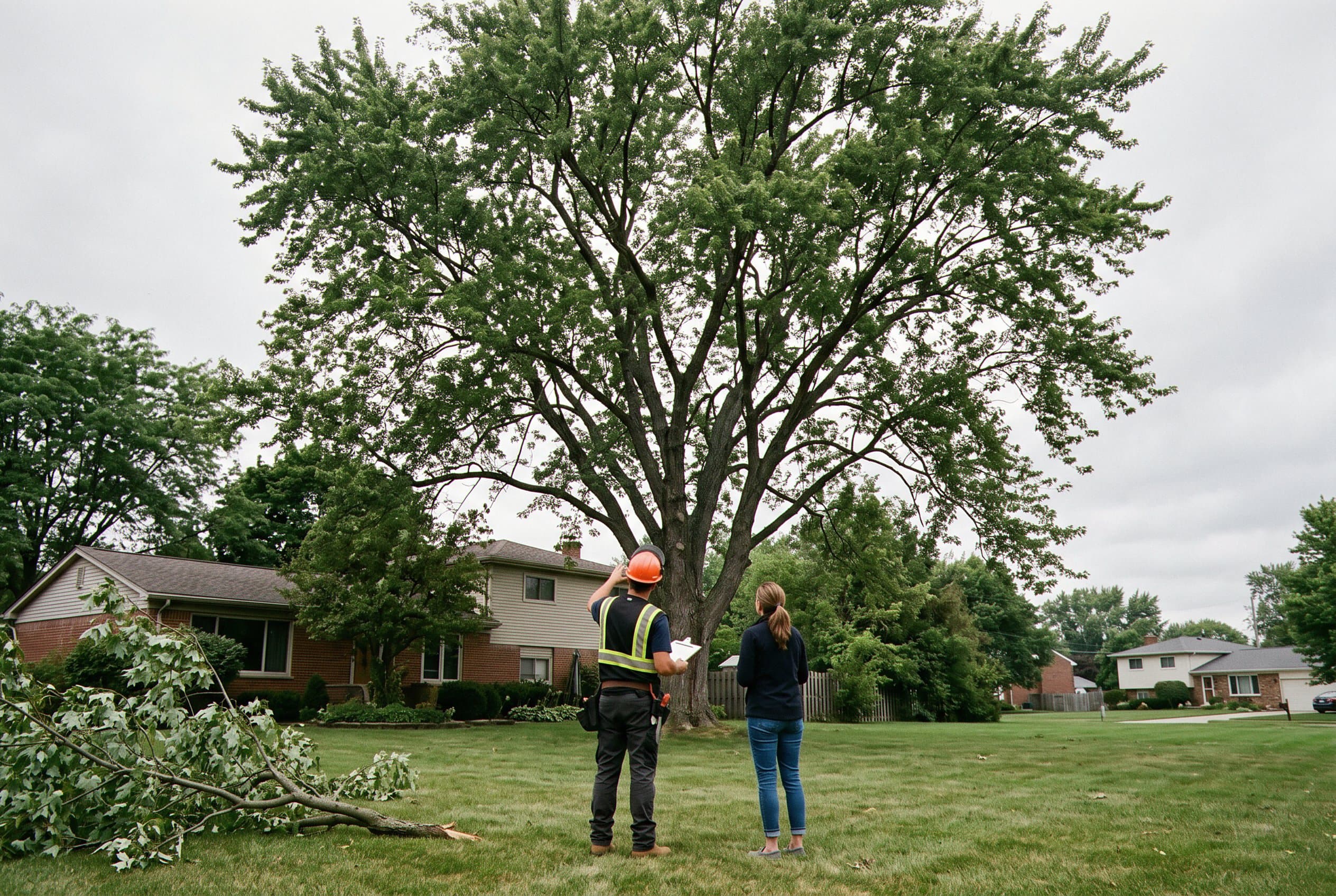 Arborist walks yard with owner discussing trees