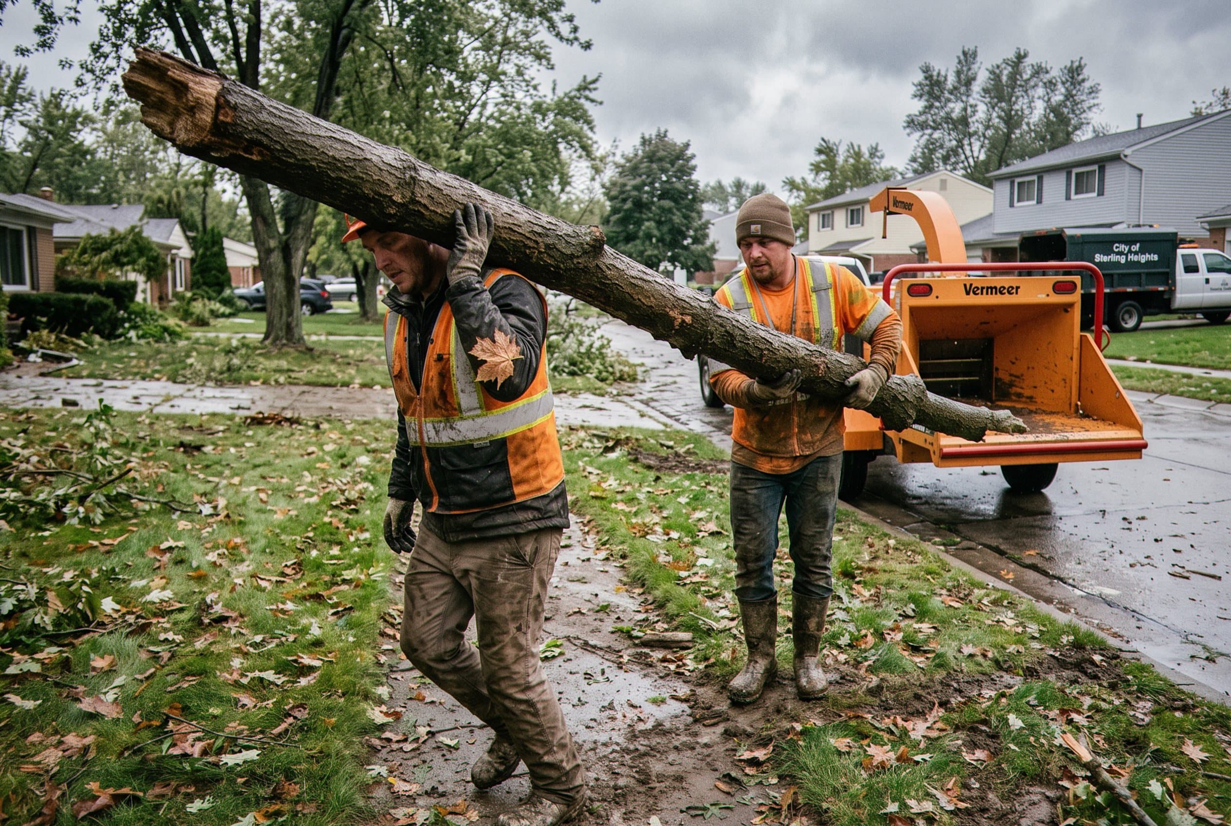Crew clears fallen branch from residential yard