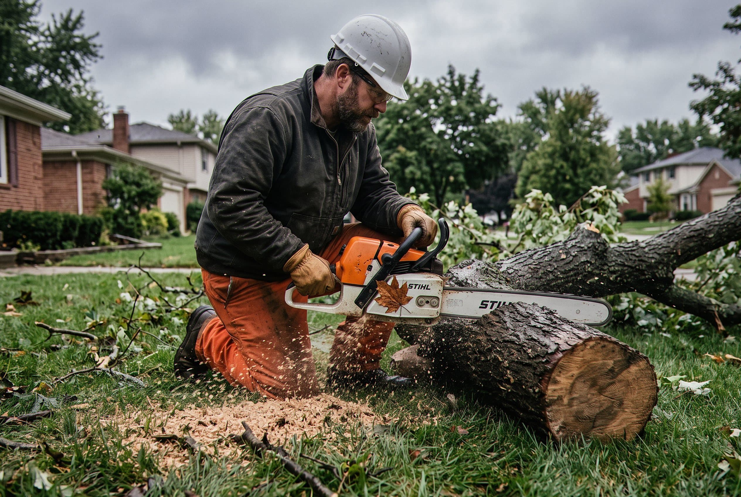 Workers remove debris after wind storm damage