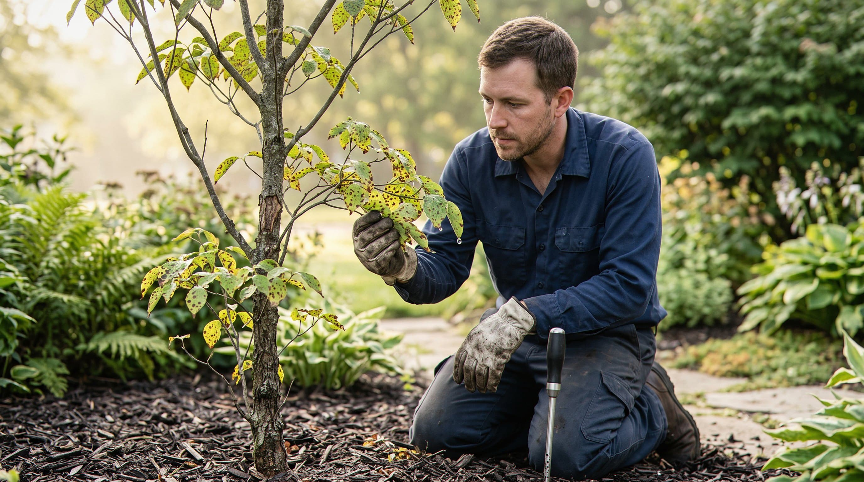 Specialist applies treatment spray to tree foliage
