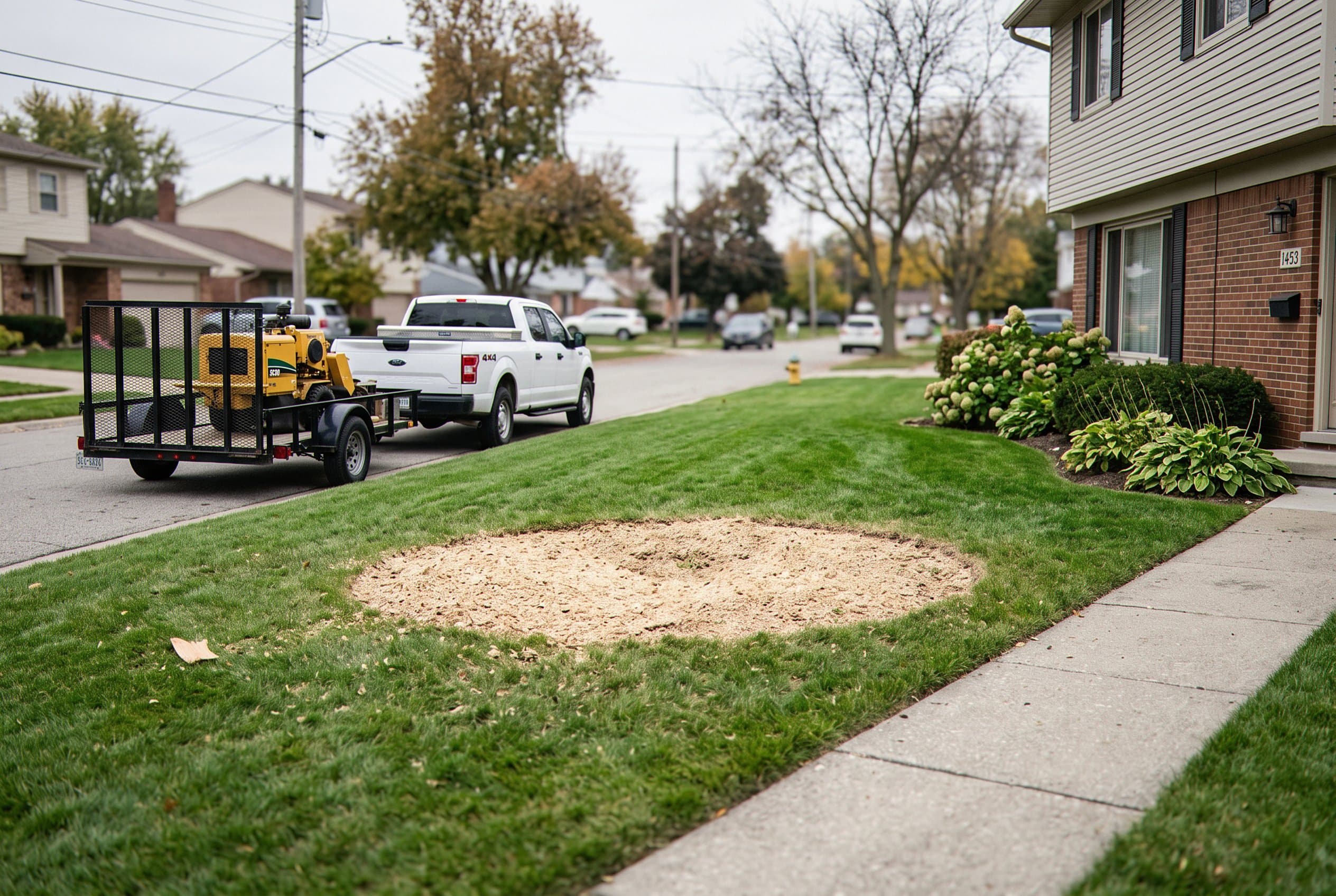 Operator controls grinding machine over wood stump