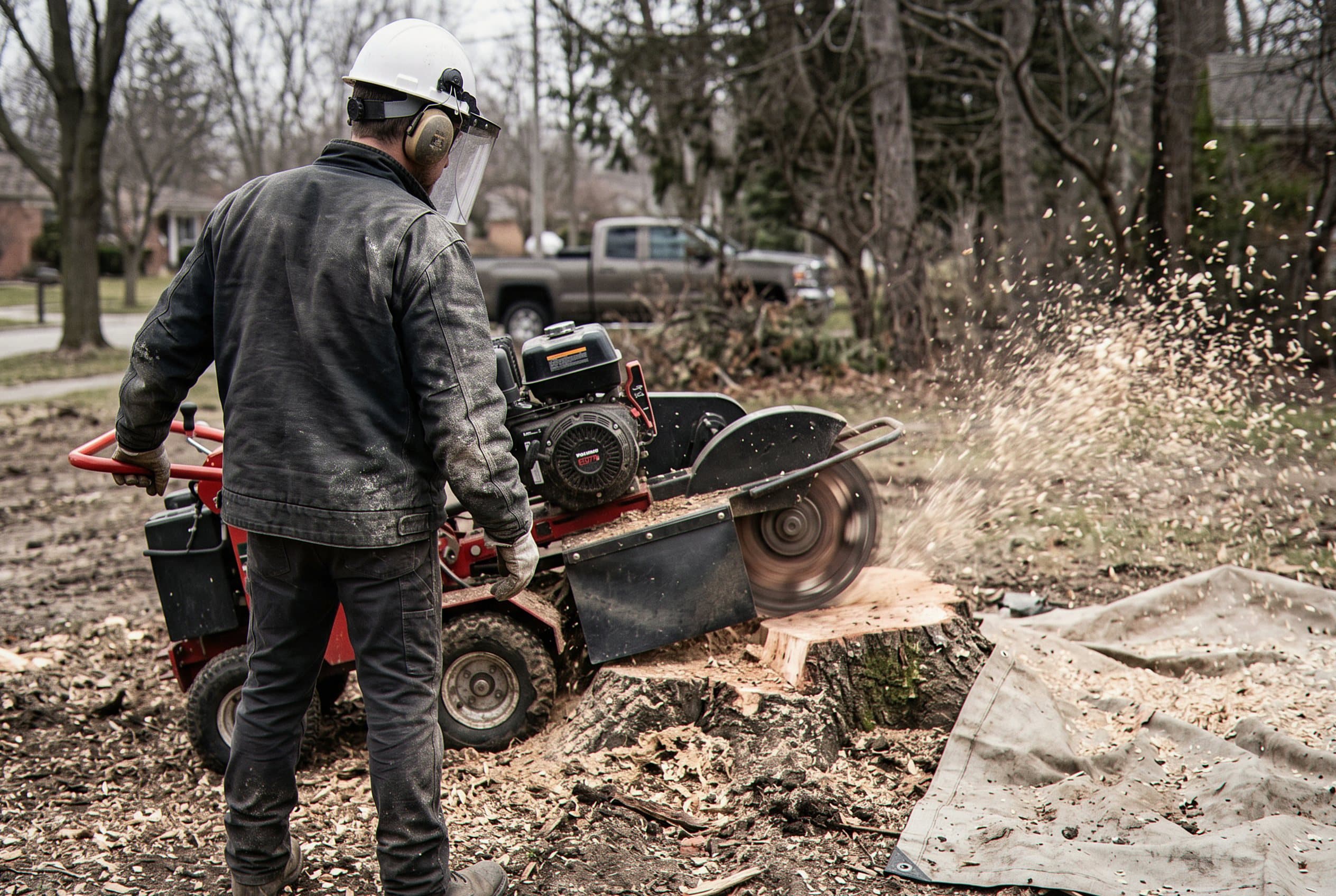 Fine wood chips collect below freshly ground stump