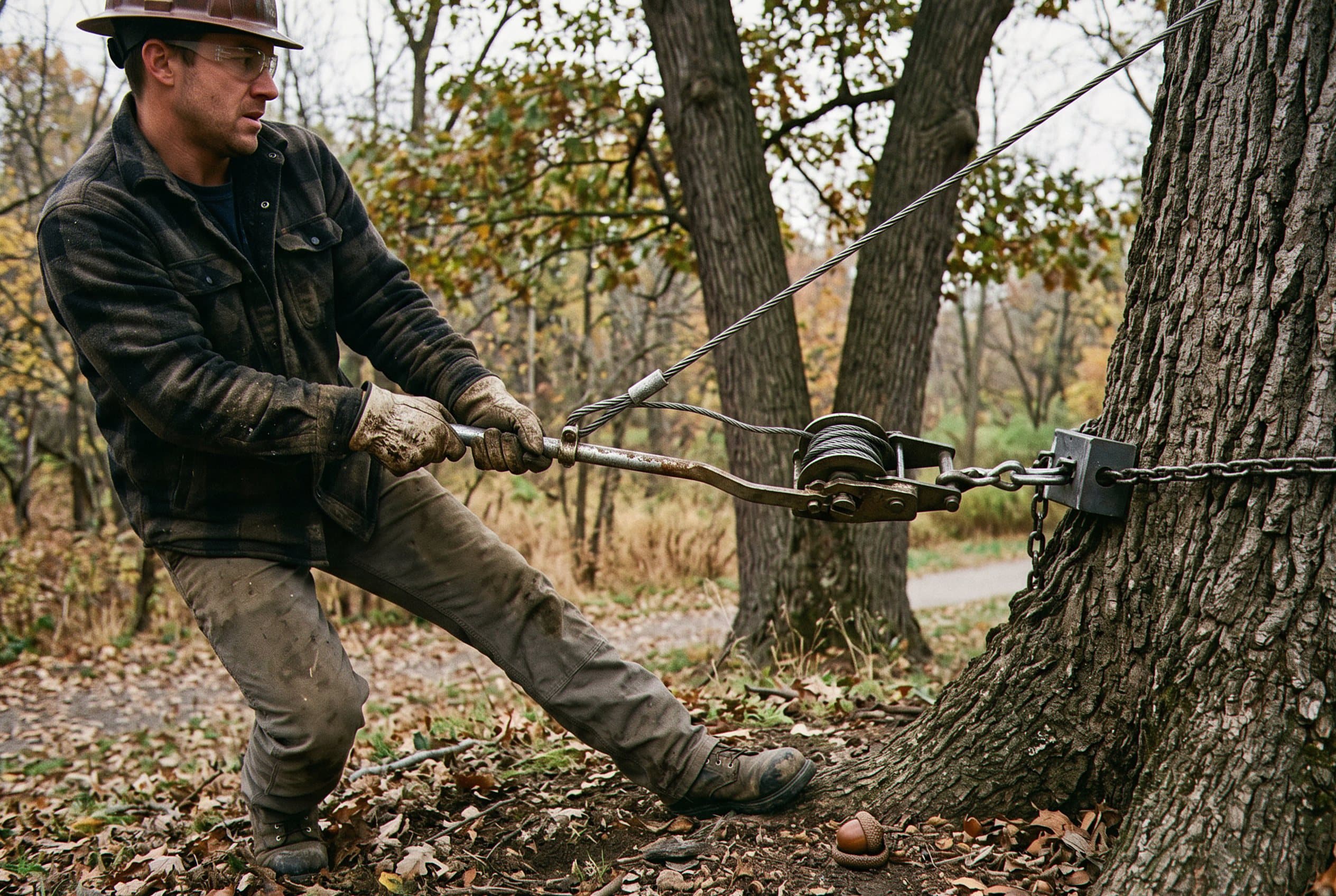 Arborist positions cable between limbs overhead