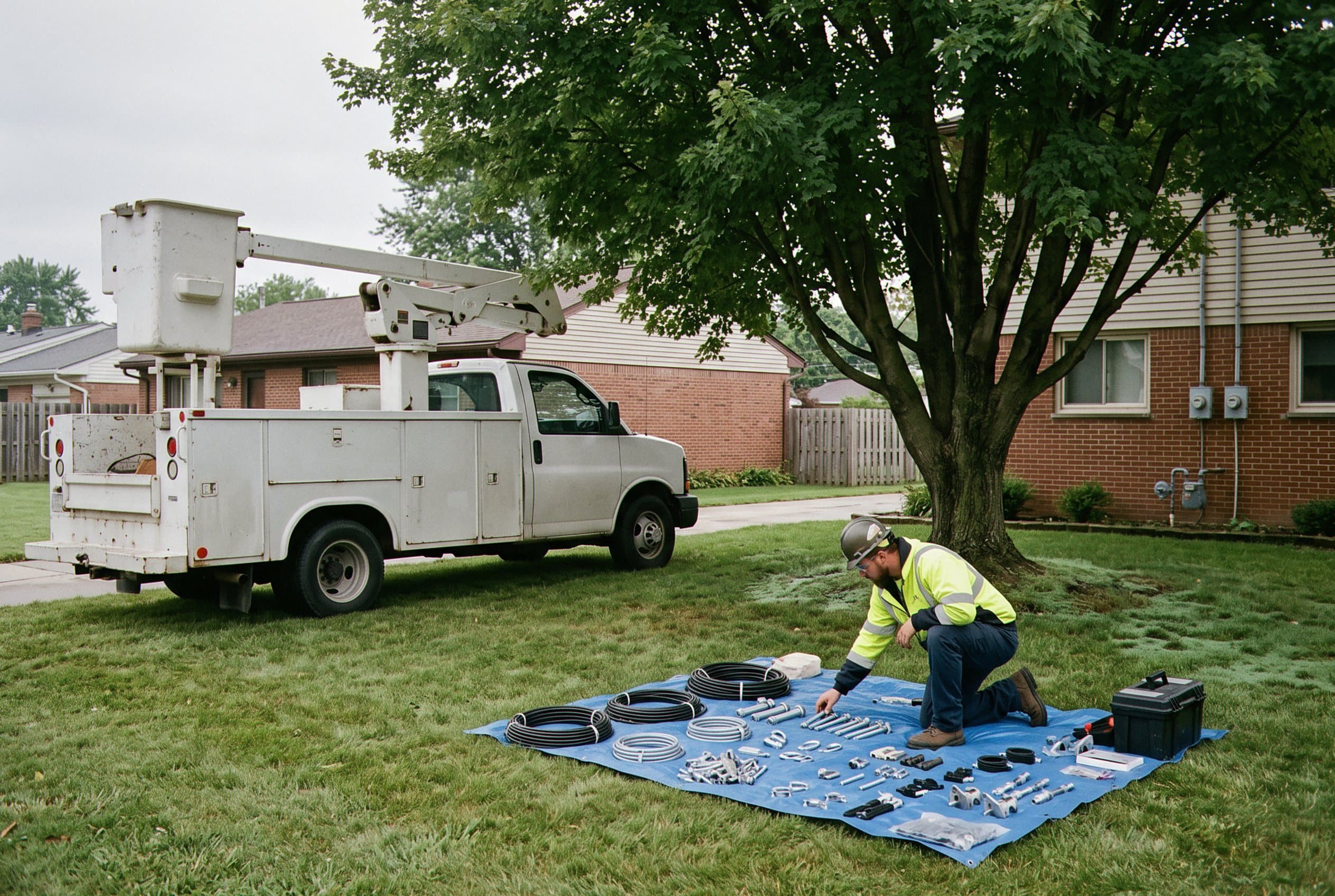 Crew with equipment assesses split trunk tree