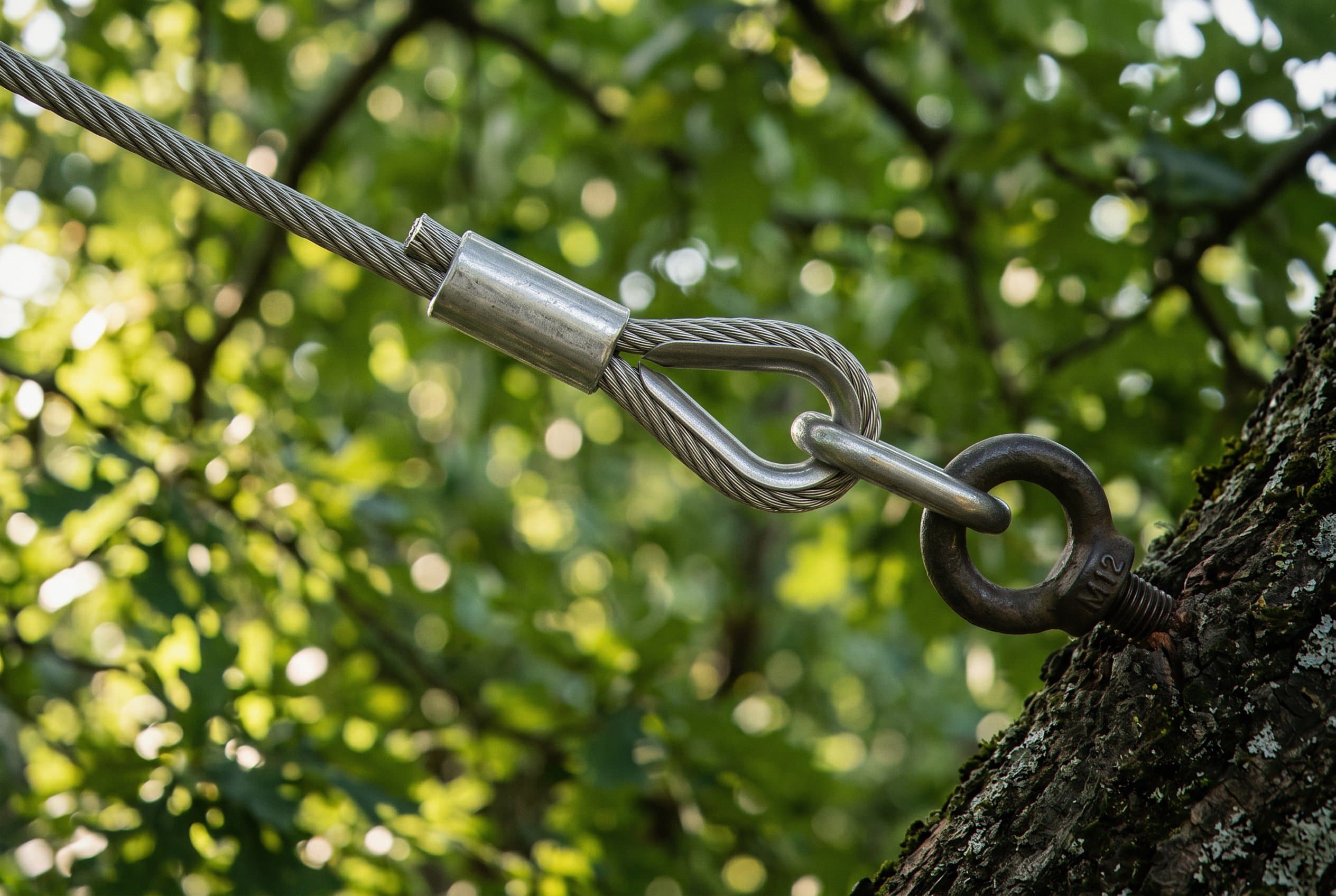 Close-up of steel cable and rigging hardware