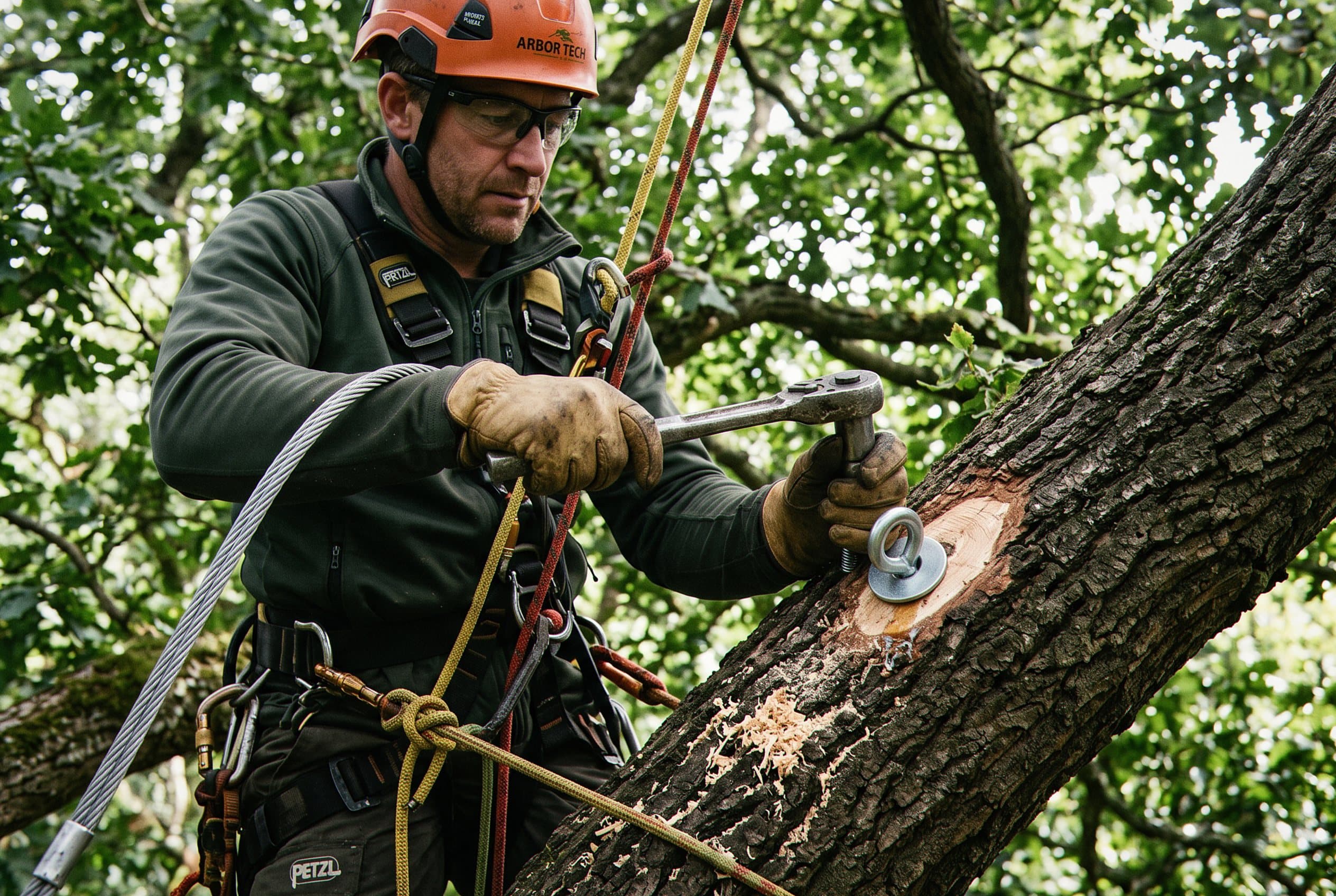 Technician secures cable to support structure