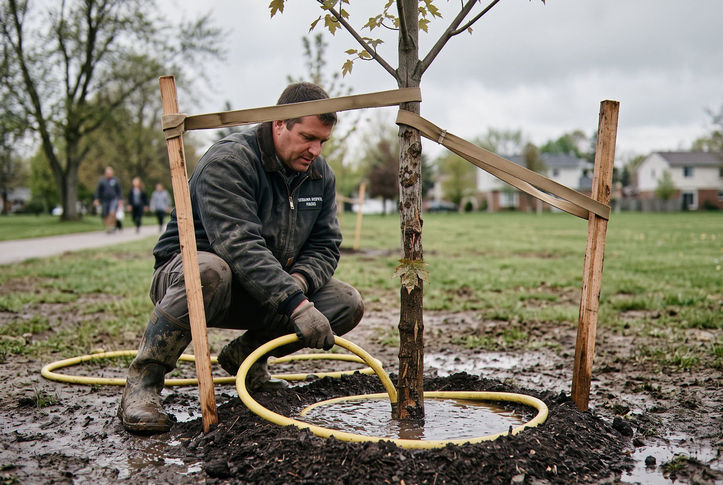 Worker positions root ball in freshly dug hole