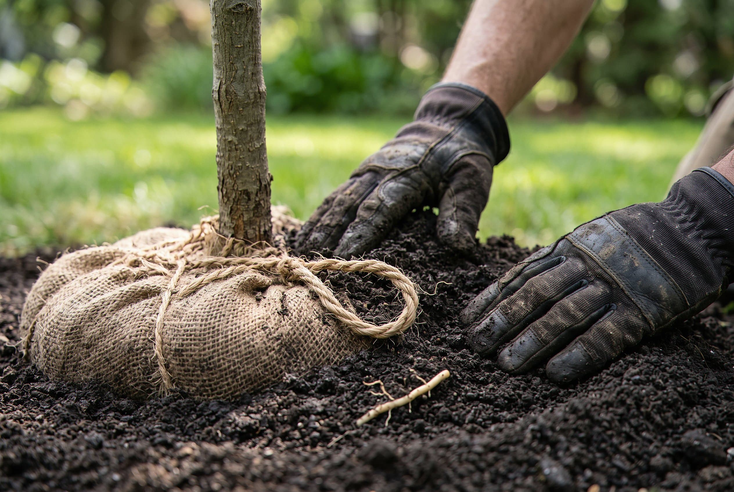 Close-up of soil being backfilled around roots
