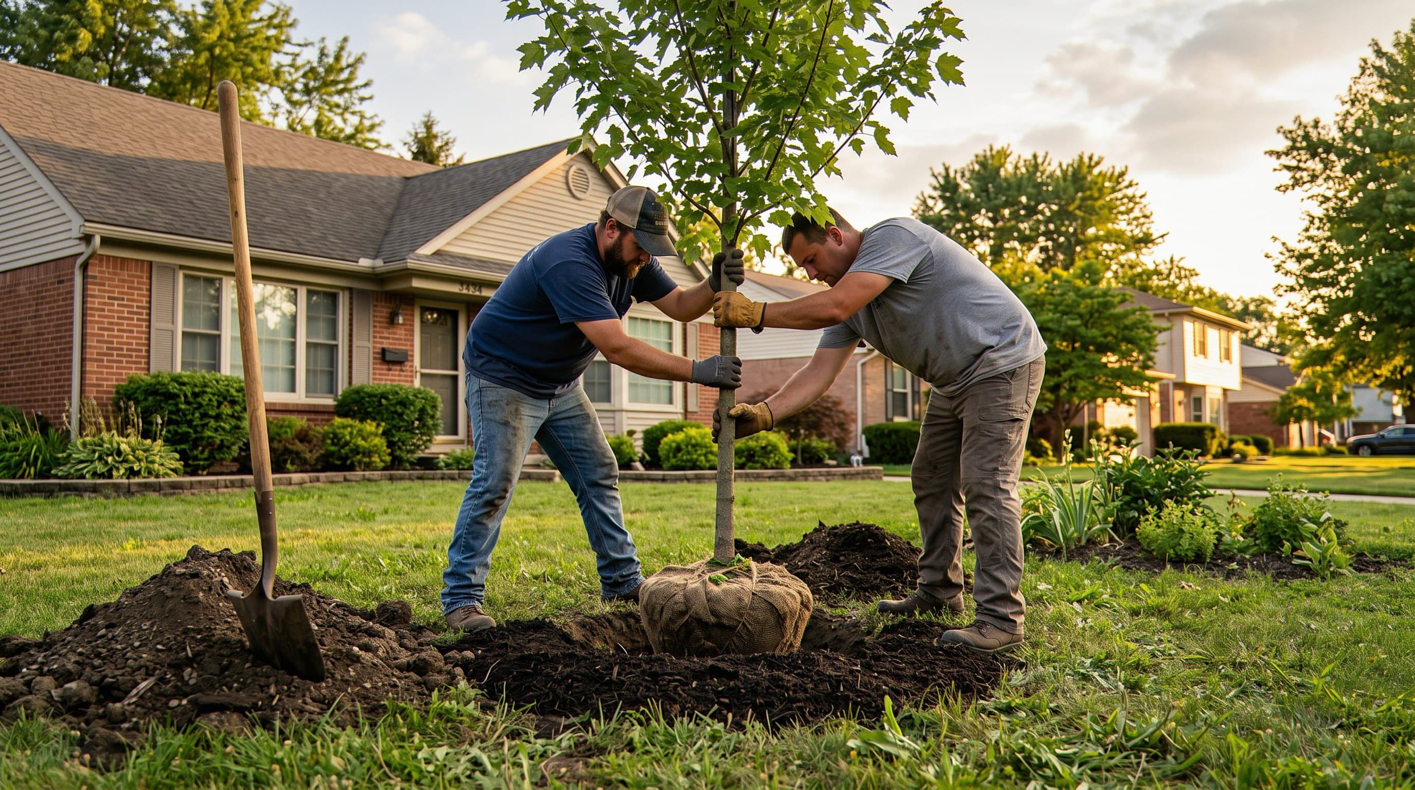 Arborist plants young tree in prepared hole