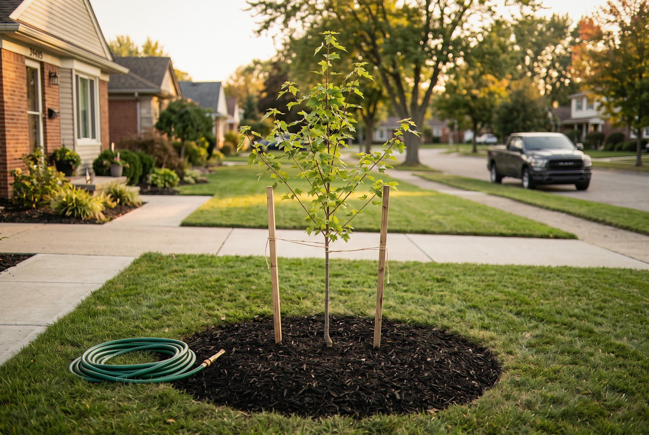 Newly planted tree in residential yard setting