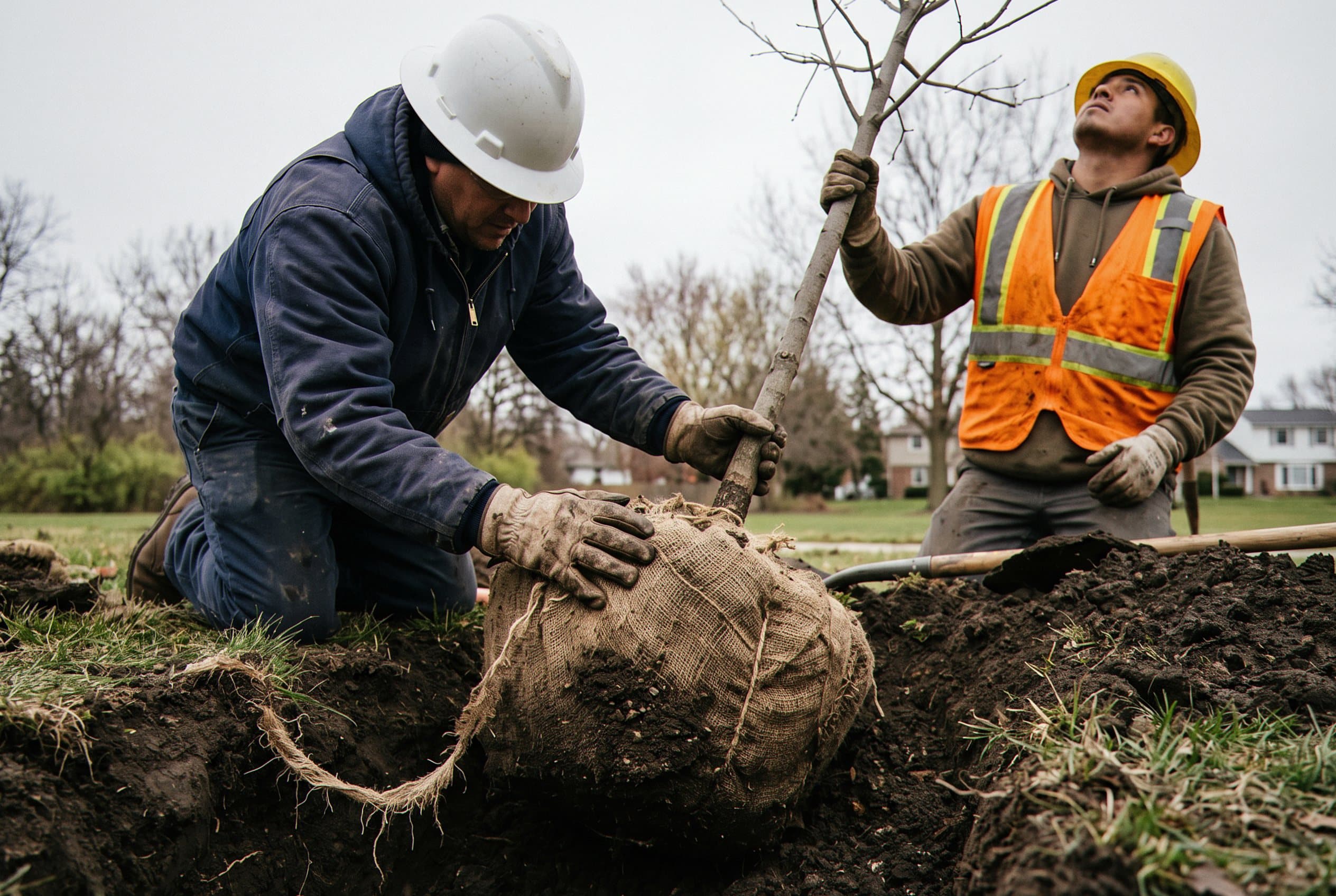 Worker mulches around base of young tree